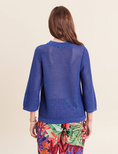 Pull ajour&eacute; col rond manches longues bleu fonc&eacute; femme