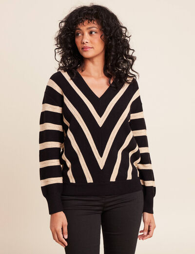 Pull droit court col v manches longues bleu femme