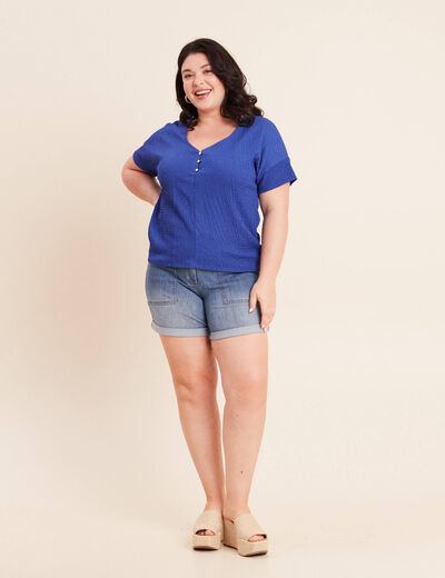 T-shirt col v manches courtes bleu fonc&eacute; femme