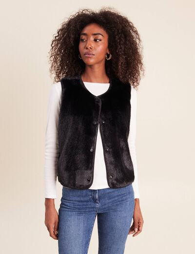Gilet droit sans manches fausse fourrure noir femme