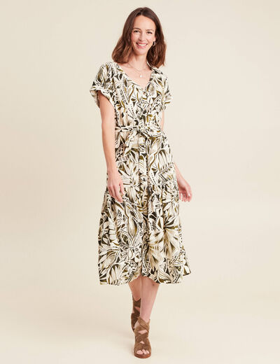 robe longue évasée col v manches courtes vert femme