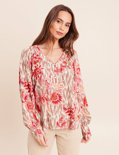 Blouse col v manches longues rose femme