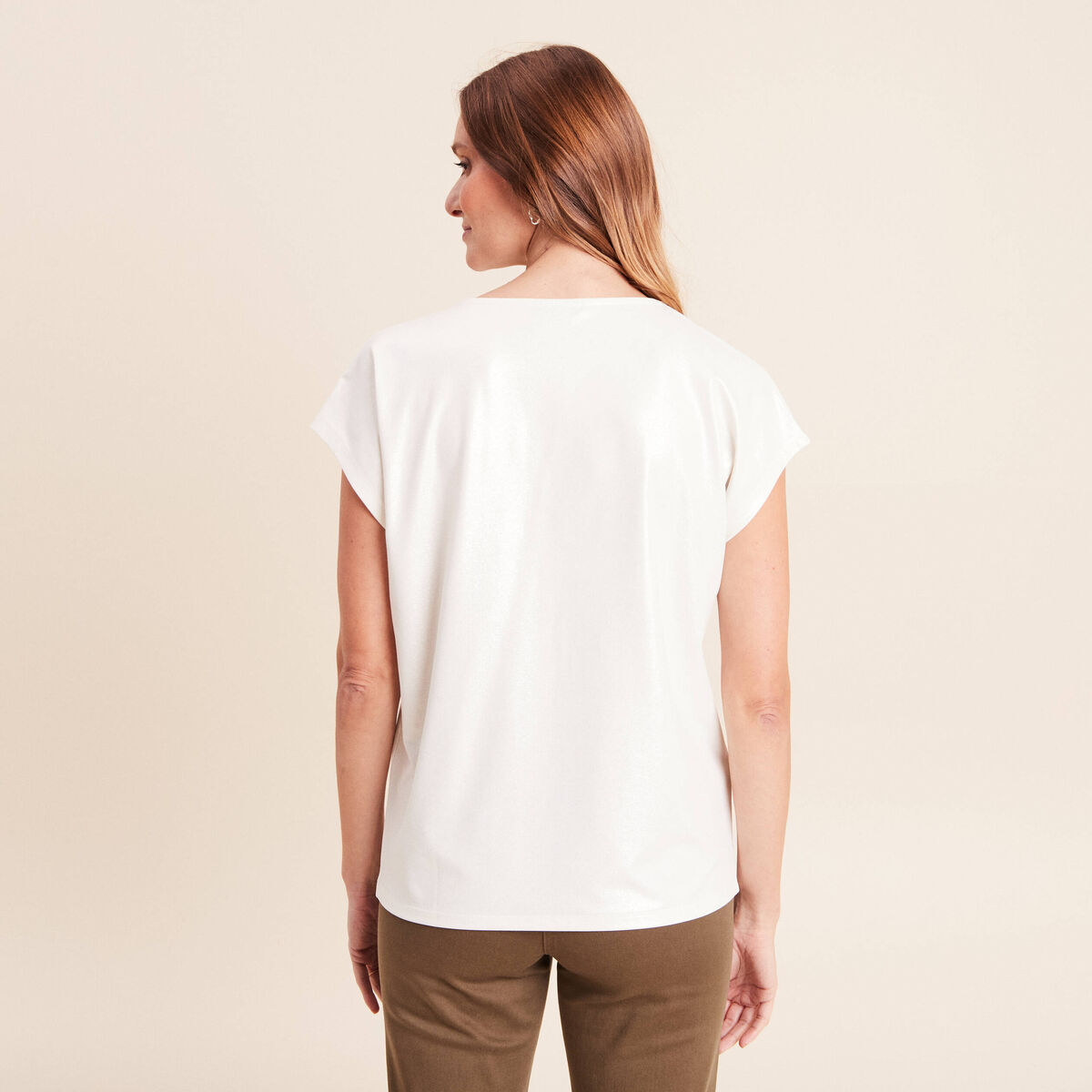 T-shirt col V manches courtes ecru femme