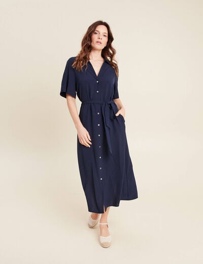 Robe évasée col chemise bleu marine femme