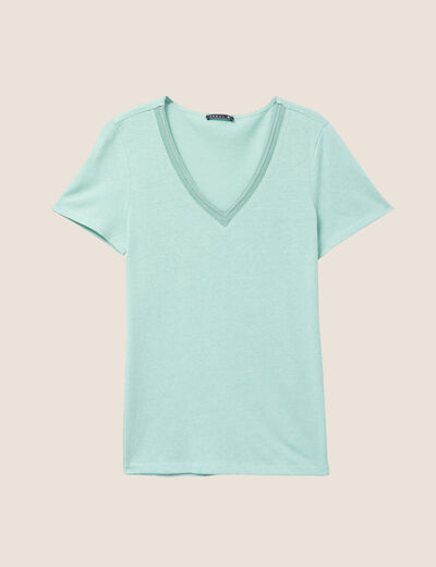T-shirt manches courtes col en V vert clair femme
