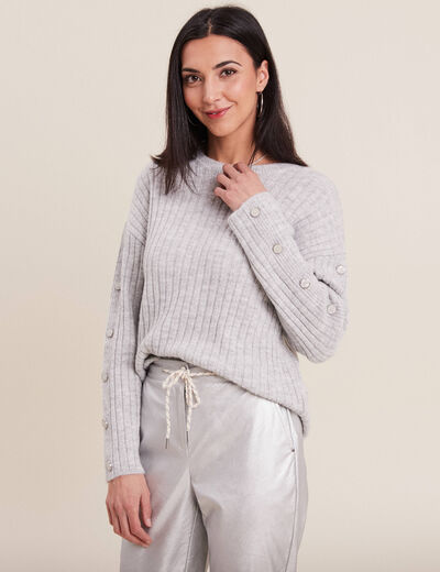 Pull manches longues côtelé gris clair femme
