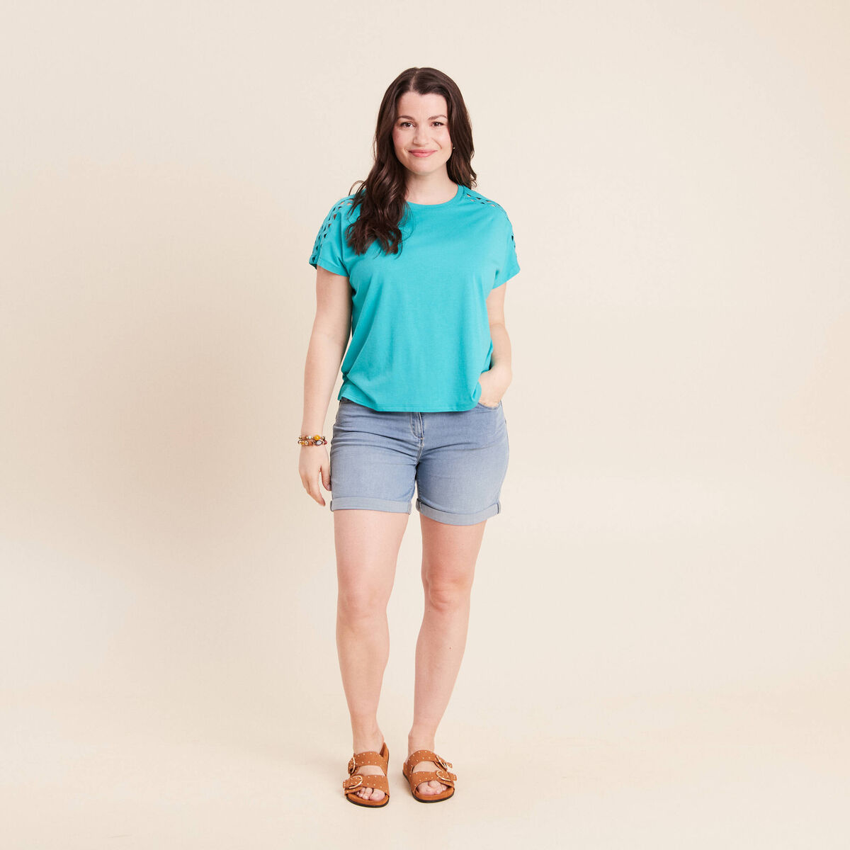 T-shirt col rond manches courtes vert turquoise femme