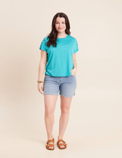 T-shirt col rond manches courtes vert turquoise femme