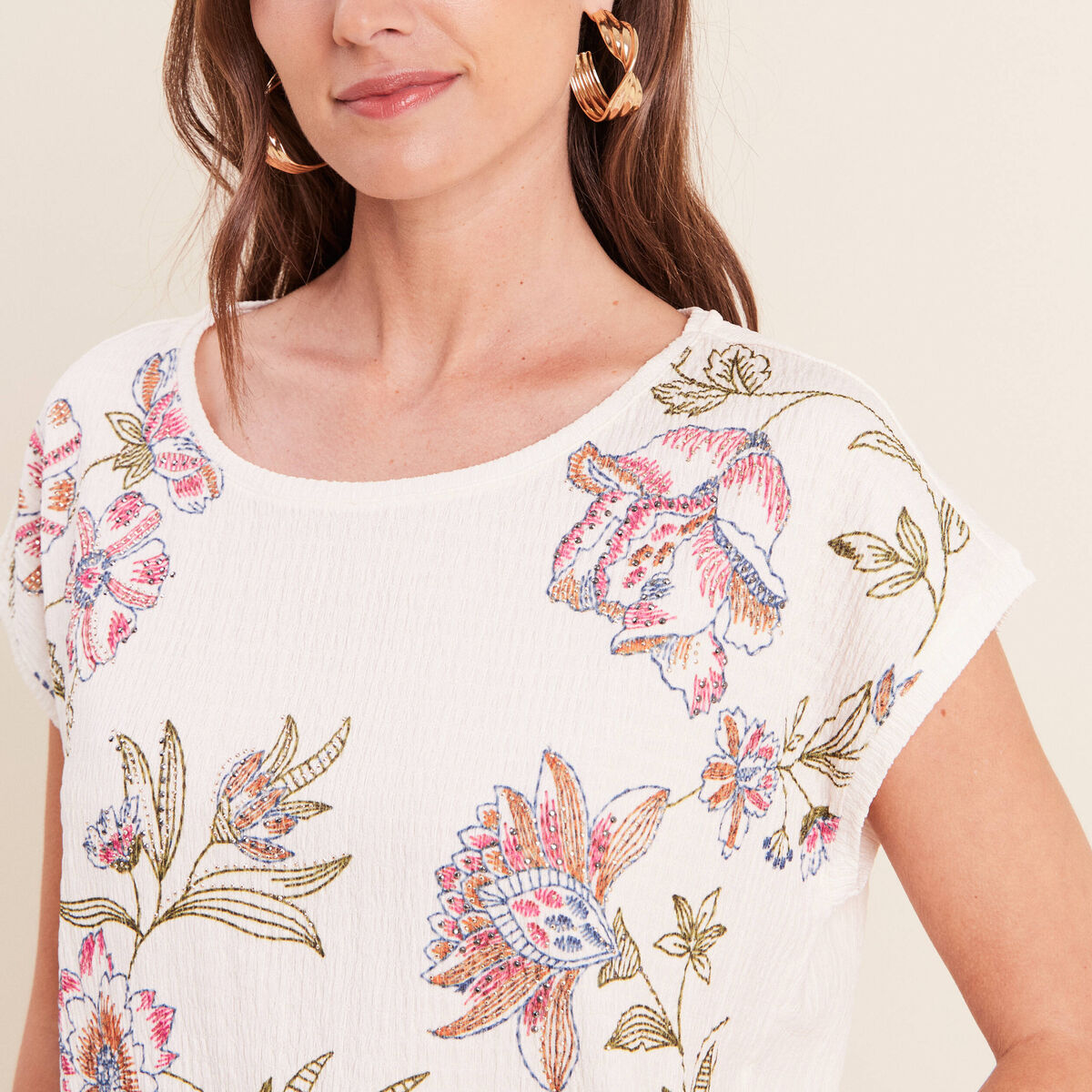 Blouse pliss&eacute;e col rond manches courtes ecru femme