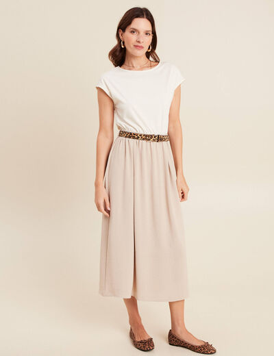 Robe longue évasée bi-matière ecru femme