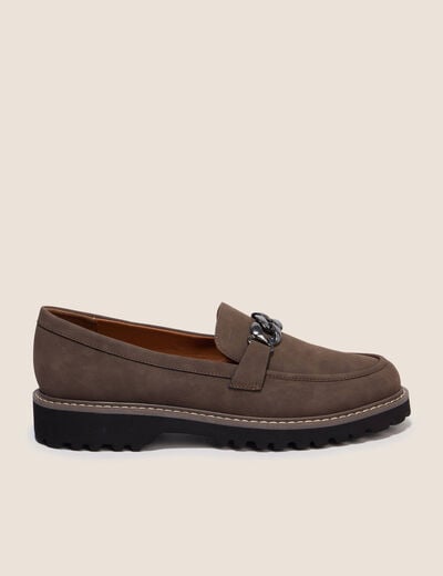 Mocassins avec cha&icirc;ne aspect daim marron femme