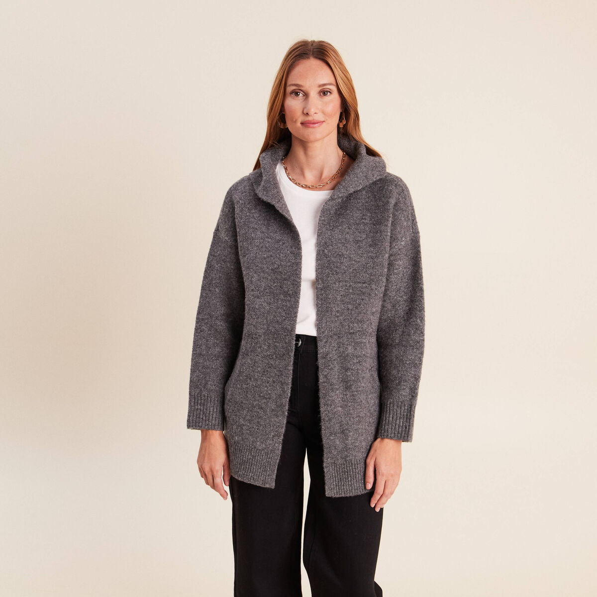 Gilet droit long gris fonc&eacute; femme