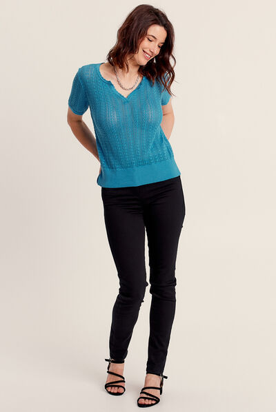 Pull manches courtes ajouré bleu femme