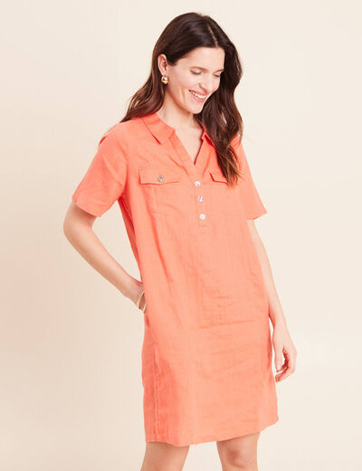 Robe droite courte col chemise orange fluo femme