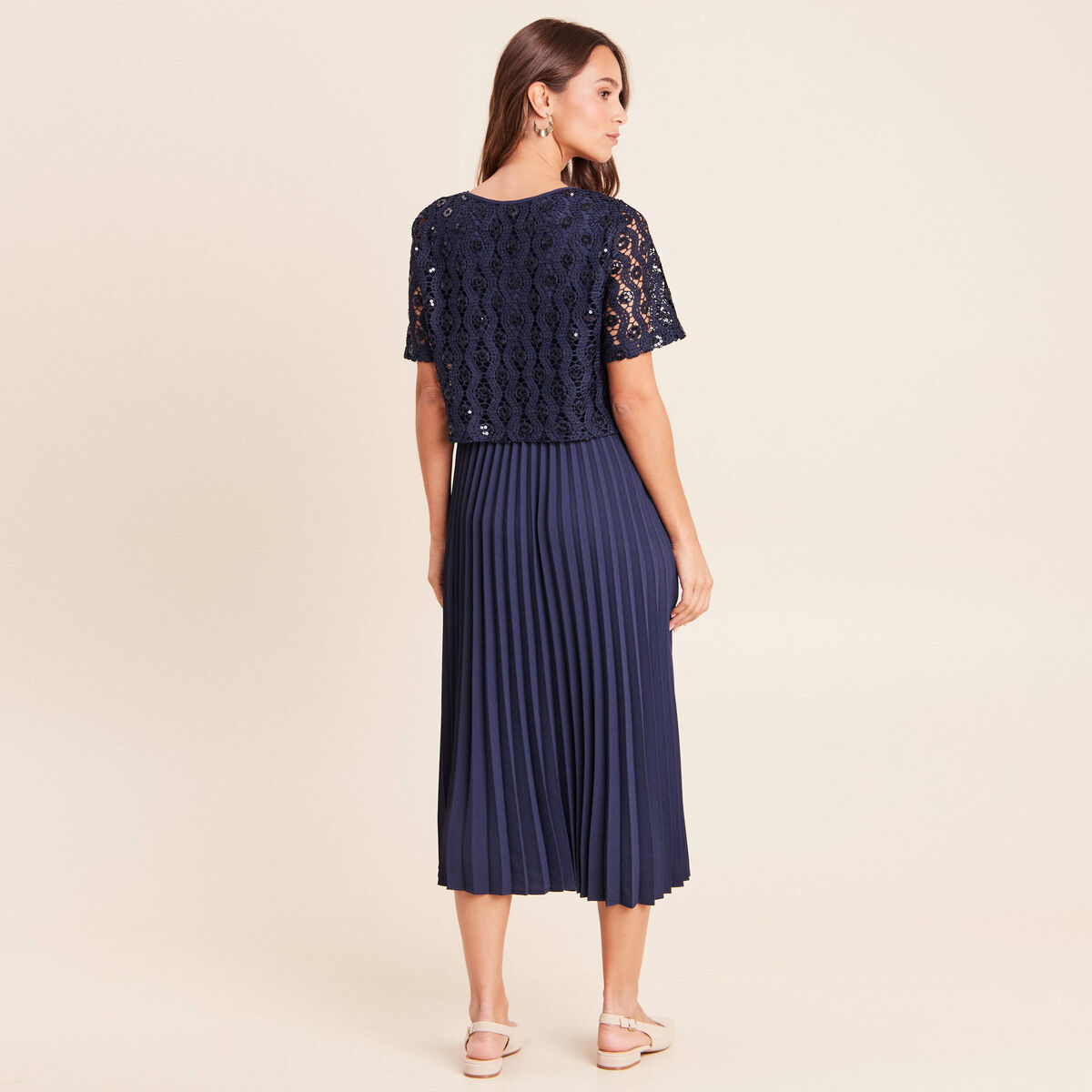 Robe 2 en 1 pliss&eacute;e col rond bleu marine femme