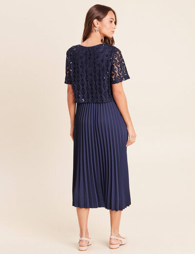 Robe 2 en 1 pliss&eacute;e col rond bleu marine femme