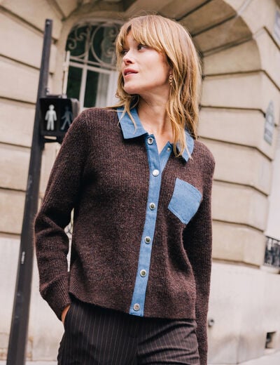 Veste col chemise manches longues marron fonc&eacute; femme