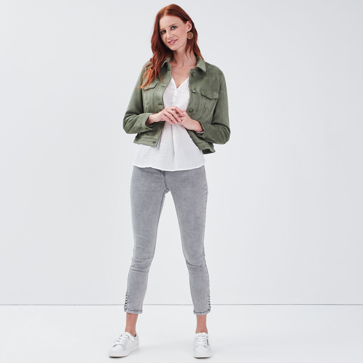 Blouson droit effet suédine vert kaki femme