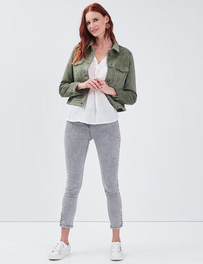 Blouson droit effet suédine vert kaki femme