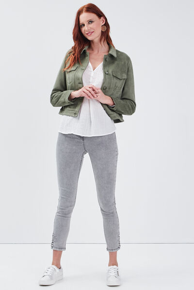Blouson droit effet suédine vert kaki femme