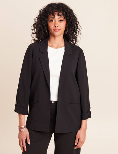 Veste longue droite col tailleur noir femme