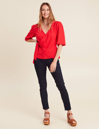 Blouse col V manches coude rouge femme