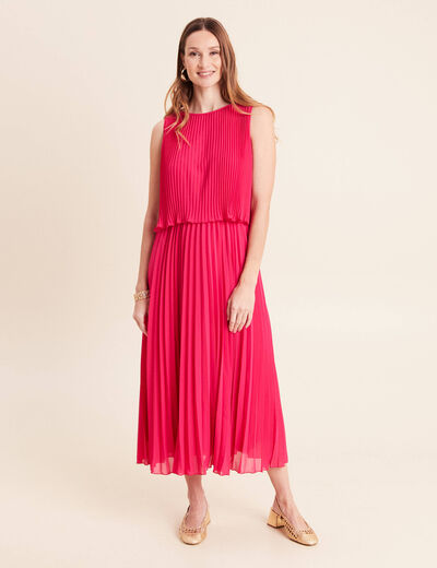 Robe longue &eacute;vas&eacute;e pliss&eacute;e sans manches rose fushia femme