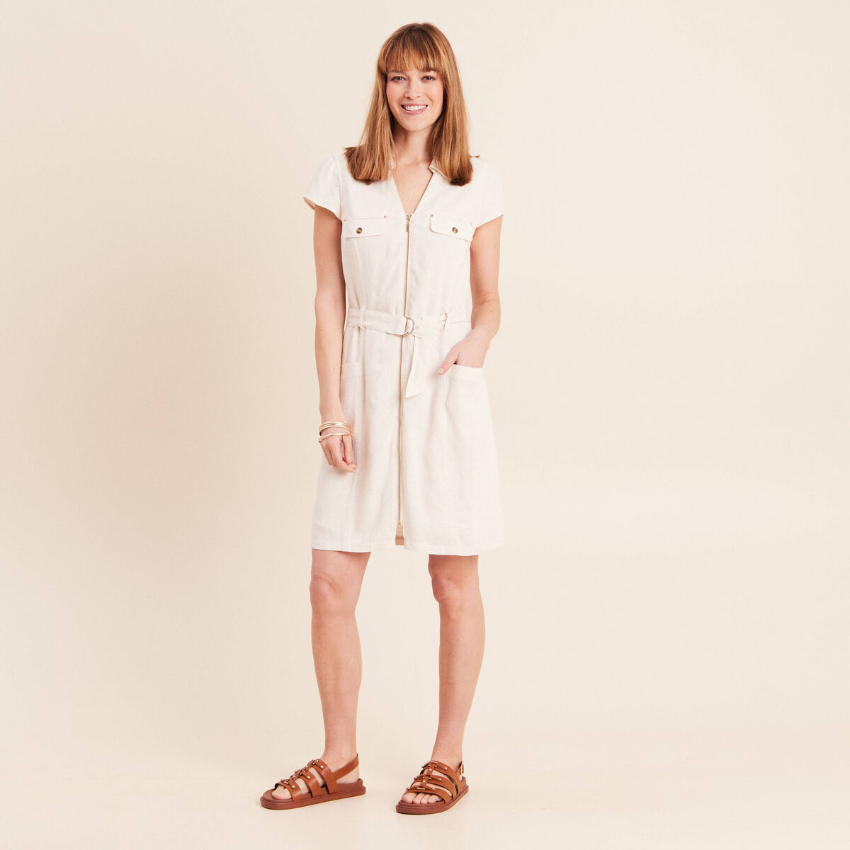 Robe droite courte col chemise beige femme