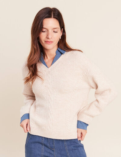 Pull bi-mati&egrave;re col chemise ecru femme