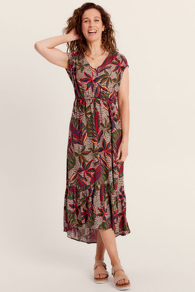 Robe longue évasée col en V multicolore femme