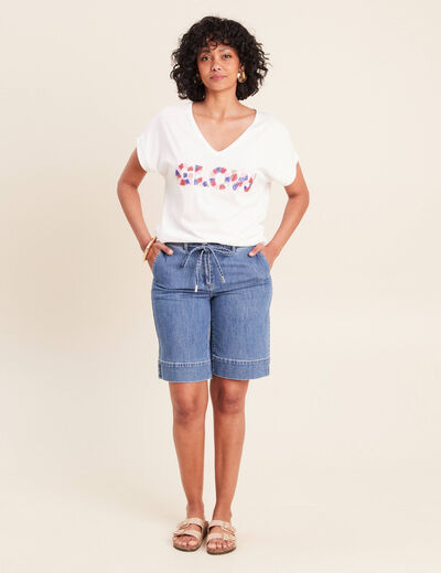 T-shirt col v manches courtes ecru femme