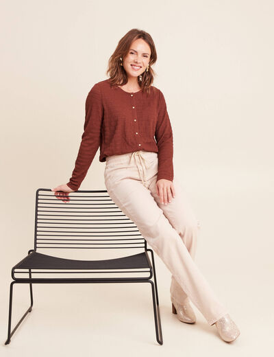 T-shirt manches longues aspect dentelle marron femme