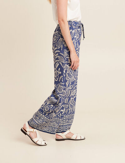 Pantalon large taille haute bleu femme