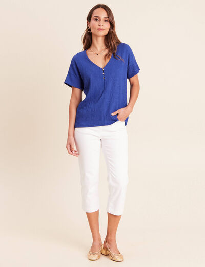 T-shirt col v manches courtes bleu fonc&eacute; femme