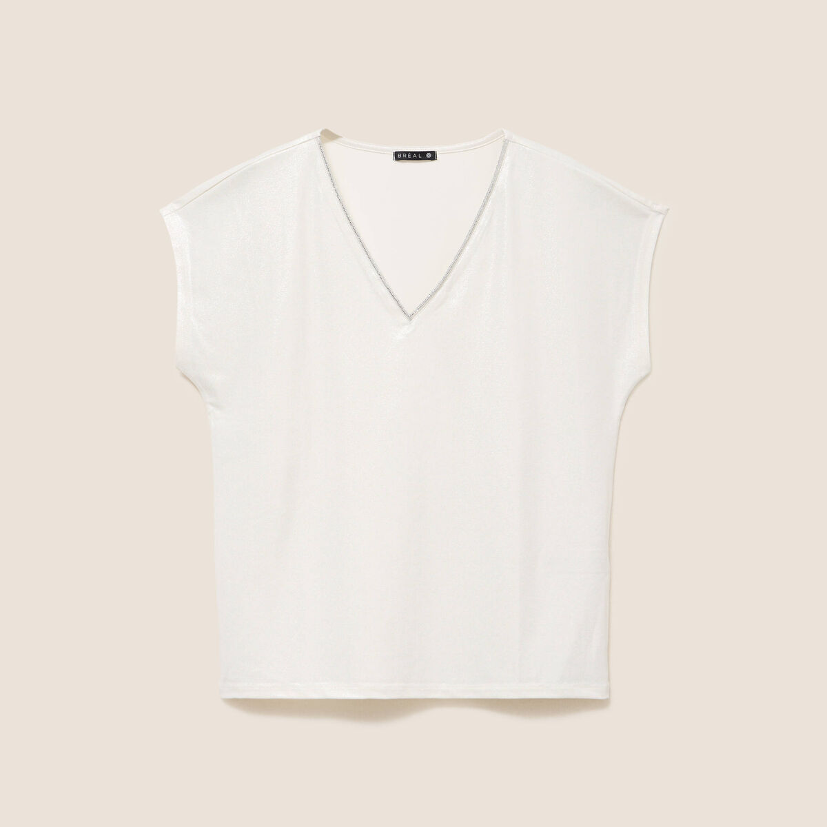 T-shirt col V manches courtes ecru femme