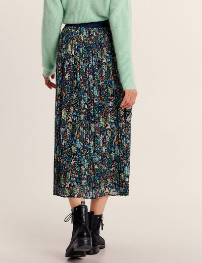 Jupe longue droite plissée bleu marine femme