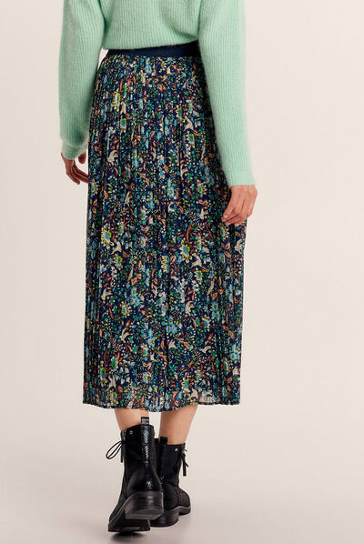 Jupe longue droite plissée bleu marine femme
