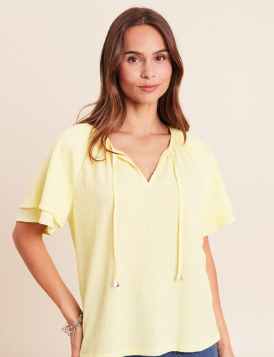 Blouse col v manches coudes jaune pastel femme