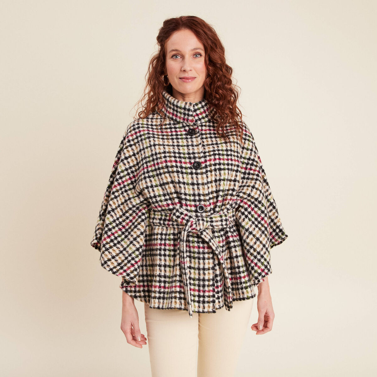 Poncho ceinturé boutonné multicolore femme