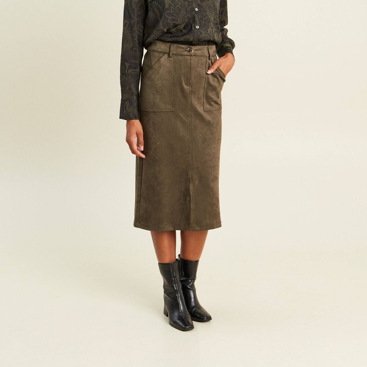 Jupe longue droite su&eacute;dine vert kaki femme