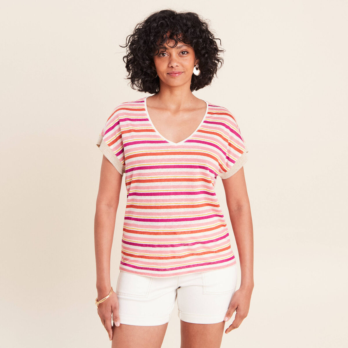 T-shirt droit col v manches courtes orange femme