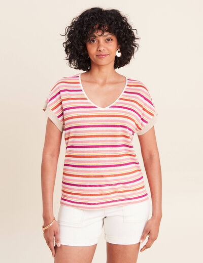 T-shirt droit col v manches courtes orange femme