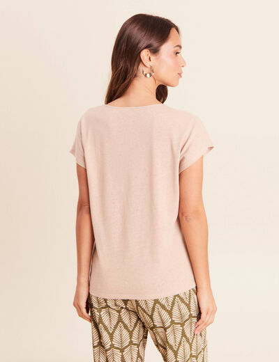 T-shirt col v manches courtes aspect lin sable femme