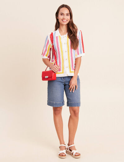Polo manches courtes aspect macram&eacute; multicolore femme