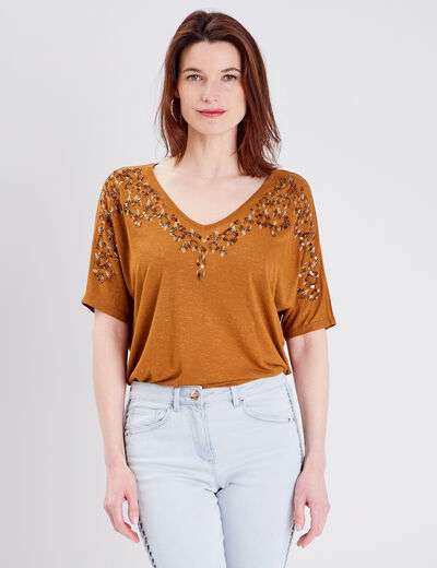 T-shirt manches courtes marron femme