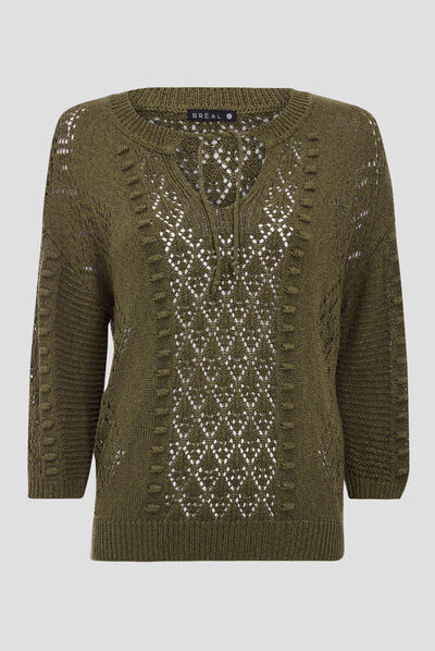 Pull à manches 3/4 vert olive femme