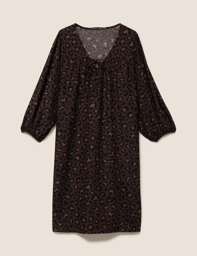 Robe courte &eacute;vas&eacute;e col v manches 3/4 marron femme