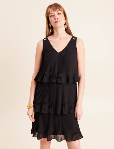 Robe pliss&eacute;e sans manches col v noir femme
