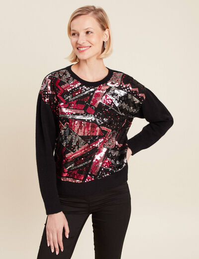 Pull manches longues sequins noir femme