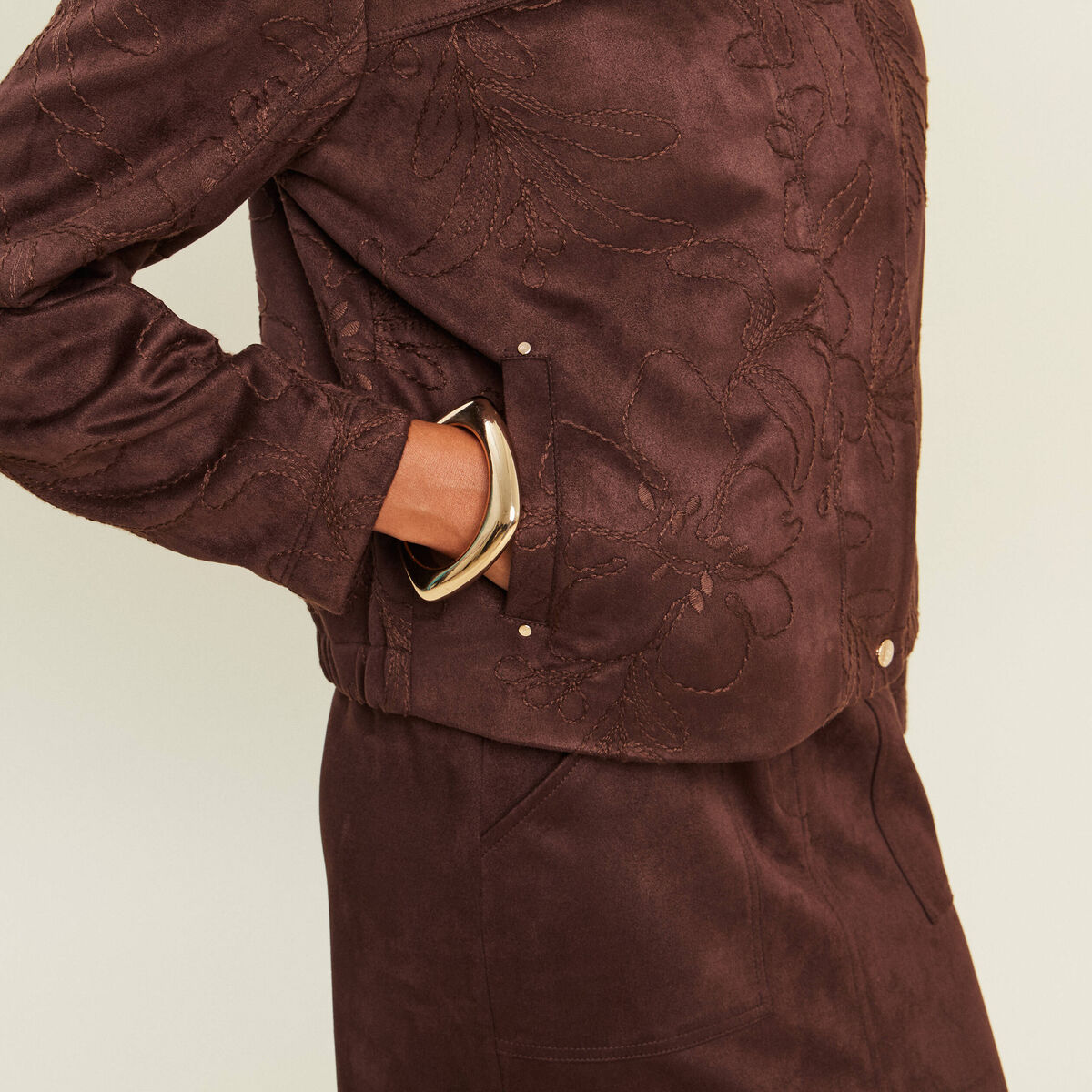 Veste col montant doubl&eacute;e marron fonc&eacute; femme